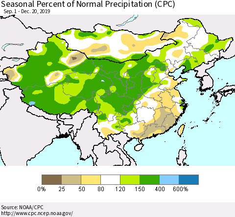 China and Taiwan Seasonal Percent of Normal Precipitation (CPC) Thematic Map For 9/1/2019 - 12/20/2019