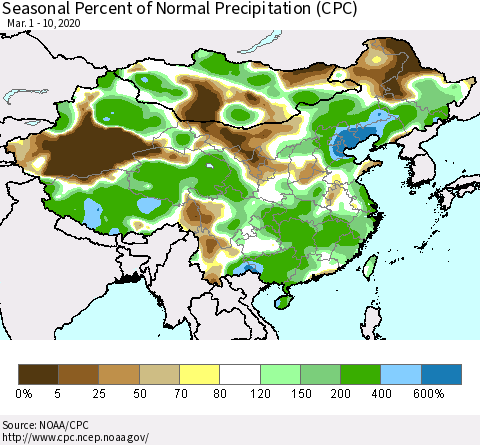 China and Taiwan Seasonal Percent of Normal Precipitation (CPC) Thematic Map For 3/1/2020 - 3/10/2020