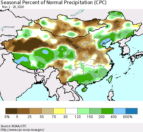 China, Mongolia and Taiwan Seasonal Percent of Normal Precipitation (CPC) Thematic Map For 3/1/2020 - 3/20/2020