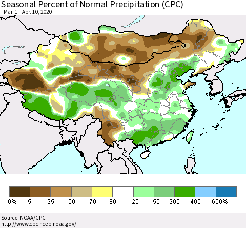 China and Taiwan Seasonal Percent of Normal Precipitation (CPC) Thematic Map For 3/1/2020 - 4/10/2020