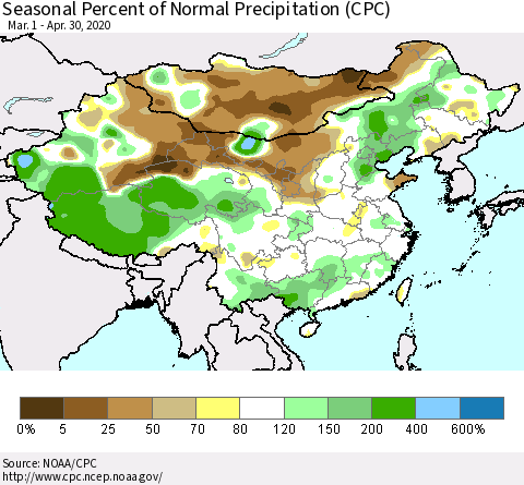 China and Taiwan Seasonal Percent of Normal Precipitation (CPC) Thematic Map For 3/1/2020 - 4/30/2020