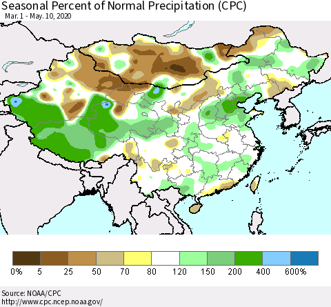 China and Taiwan Seasonal Percent of Normal Precipitation (CPC) Thematic Map For 3/1/2020 - 5/10/2020