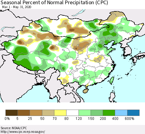 China, Mongolia and Taiwan Seasonal Percent of Normal Precipitation (CPC) Thematic Map For 3/1/2020 - 5/31/2020
