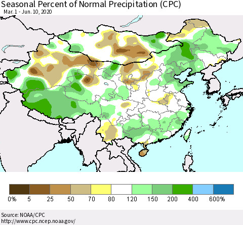 China and Taiwan Seasonal Percent of Normal Precipitation (CPC) Thematic Map For 3/1/2020 - 6/10/2020