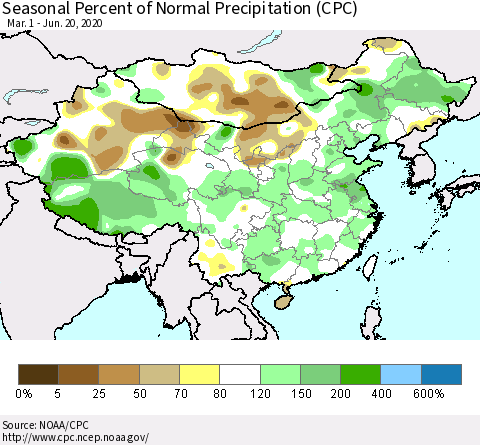 China and Taiwan Seasonal Percent of Normal Precipitation (CPC) Thematic Map For 3/1/2020 - 6/20/2020