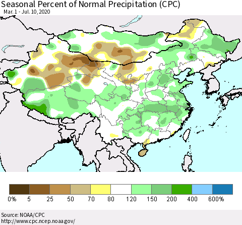 China, Mongolia and Taiwan Seasonal Percent of Normal Precipitation (CPC) Thematic Map For 3/1/2020 - 7/10/2020