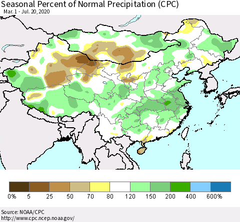 China and Taiwan Seasonal Percent of Normal Precipitation (CPC) Thematic Map For 3/1/2020 - 7/20/2020
