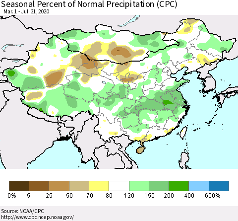 China and Taiwan Seasonal Percent of Normal Precipitation (CPC) Thematic Map For 3/1/2020 - 7/31/2020