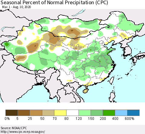 China and Taiwan Seasonal Percent of Normal Precipitation (CPC) Thematic Map For 3/1/2020 - 8/10/2020