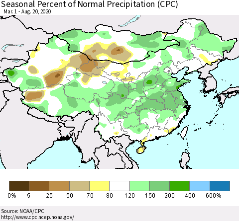 China and Taiwan Seasonal Percent of Normal Precipitation (CPC) Thematic Map For 3/1/2020 - 8/20/2020