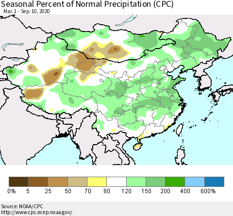China, Mongolia and Taiwan Seasonal Percent of Normal Precipitation (CPC) Thematic Map For 3/1/2020 - 9/10/2020