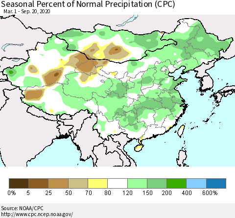 China and Taiwan Seasonal Percent of Normal Precipitation (CPC) Thematic Map For 3/1/2020 - 9/20/2020