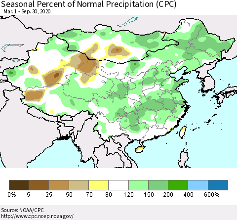China and Taiwan Seasonal Percent of Normal Precipitation (CPC) Thematic Map For 3/1/2020 - 9/30/2020