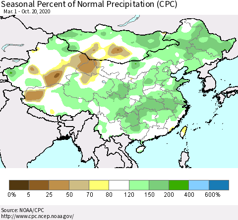 China and Taiwan Seasonal Percent of Normal Precipitation (CPC) Thematic Map For 3/1/2020 - 10/20/2020