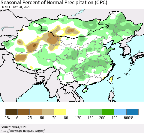 China and Taiwan Seasonal Percent of Normal Precipitation (CPC) Thematic Map For 3/1/2020 - 10/31/2020