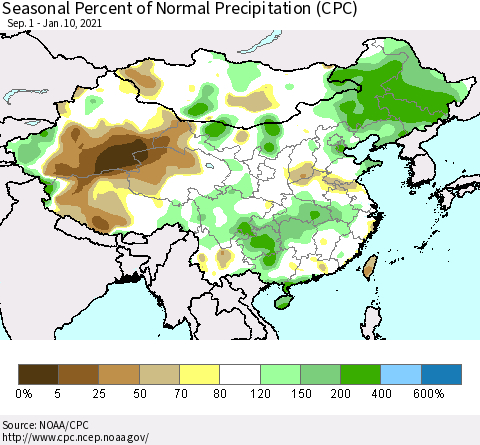 China, Mongolia and Taiwan Seasonal Percent of Normal Precipitation (CPC) Thematic Map For 9/1/2020 - 1/10/2021
