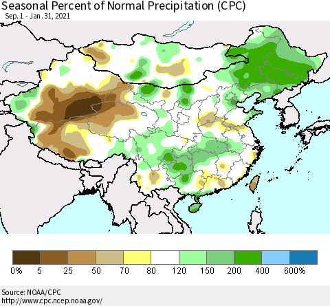 China, Mongolia and Taiwan Seasonal Percent of Normal Precipitation (CPC) Thematic Map For 9/1/2020 - 1/31/2021