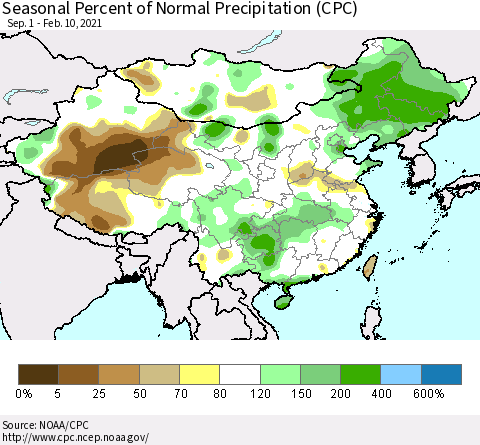China, Mongolia and Taiwan Seasonal Percent of Normal Precipitation (CPC) Thematic Map For 9/1/2020 - 2/10/2021