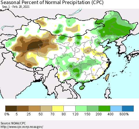 China, Mongolia and Taiwan Seasonal Percent of Normal Precipitation (CPC) Thematic Map For 9/1/2020 - 2/20/2021
