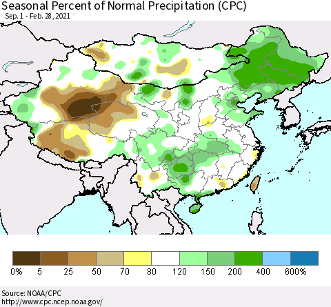 China, Mongolia and Taiwan Seasonal Percent of Normal Precipitation (CPC) Thematic Map For 9/1/2020 - 2/28/2021