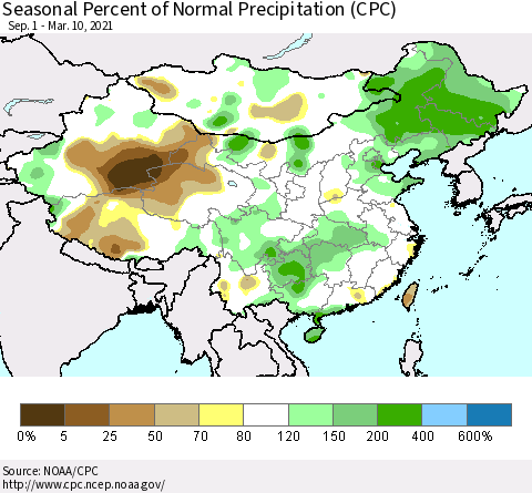 China, Mongolia and Taiwan Seasonal Percent of Normal Precipitation (CPC) Thematic Map For 9/1/2020 - 3/10/2021