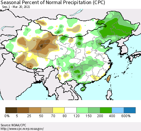 China, Mongolia and Taiwan Seasonal Percent of Normal Precipitation (CPC) Thematic Map For 9/1/2020 - 3/20/2021
