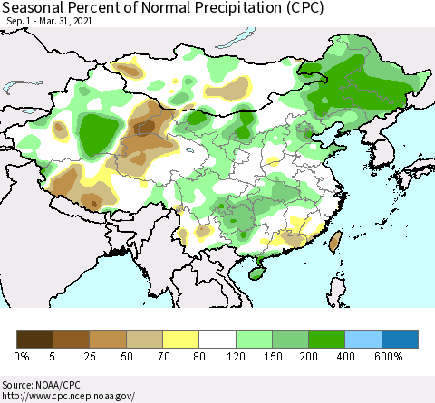 China, Mongolia and Taiwan Seasonal Percent of Normal Precipitation (CPC) Thematic Map For 9/1/2020 - 3/31/2021
