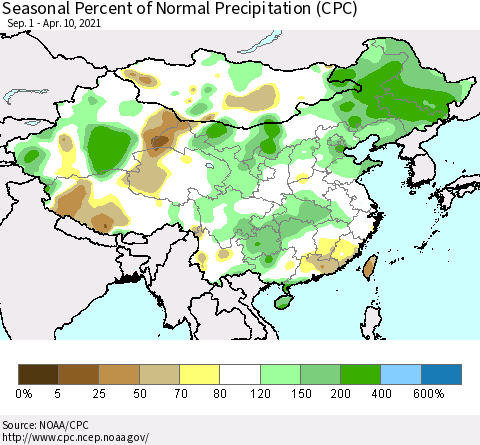 China, Mongolia and Taiwan Seasonal Percent of Normal Precipitation (CPC) Thematic Map For 9/1/2020 - 4/10/2021