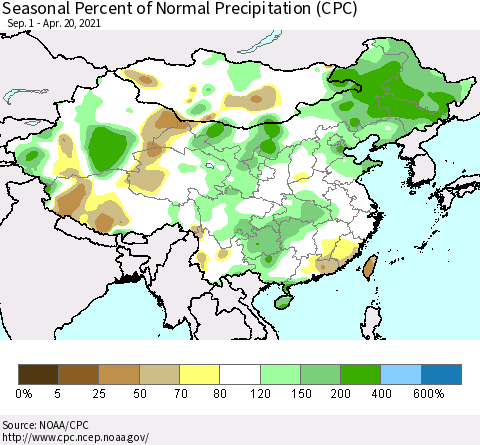China, Mongolia and Taiwan Seasonal Percent of Normal Precipitation (CPC) Thematic Map For 9/1/2020 - 4/20/2021