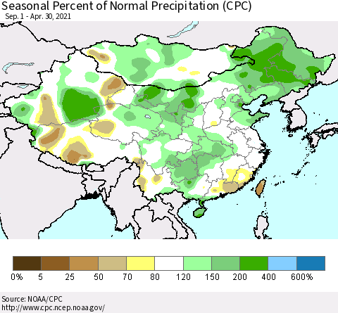 China, Mongolia and Taiwan Seasonal Percent of Normal Precipitation (CPC) Thematic Map For 9/1/2020 - 4/30/2021