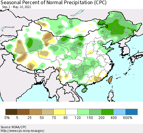 China, Mongolia and Taiwan Seasonal Percent of Normal Precipitation (CPC) Thematic Map For 9/1/2020 - 5/10/2021