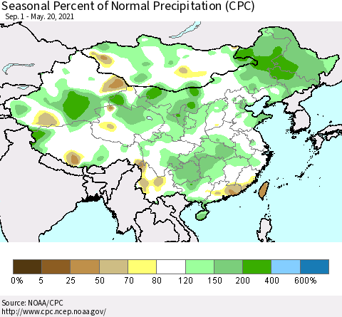 China, Mongolia and Taiwan Seasonal Percent of Normal Precipitation (CPC) Thematic Map For 9/1/2020 - 5/20/2021