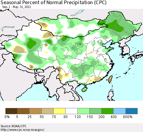 China, Mongolia and Taiwan Seasonal Percent of Normal Precipitation (CPC) Thematic Map For 9/1/2020 - 5/31/2021