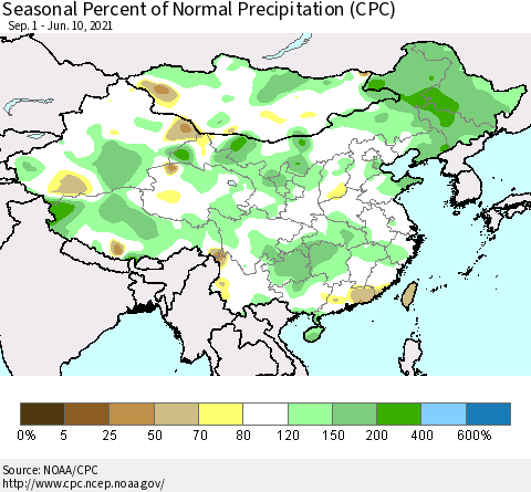China, Mongolia and Taiwan Seasonal Percent of Normal Precipitation (CPC) Thematic Map For 9/1/2020 - 6/10/2021