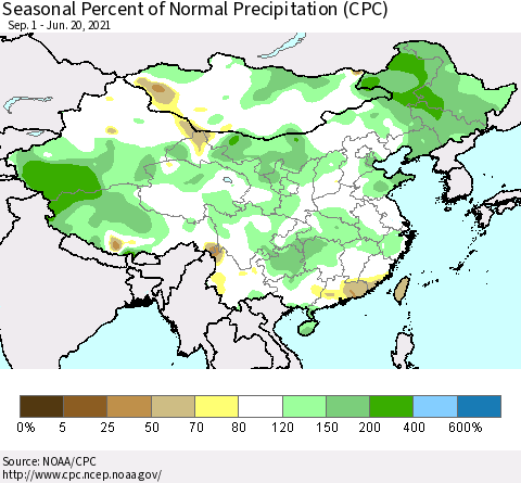 China, Mongolia and Taiwan Seasonal Percent of Normal Precipitation (CPC) Thematic Map For 9/1/2020 - 6/20/2021