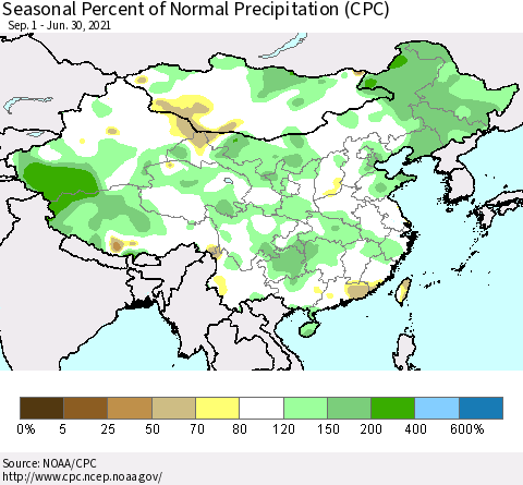 China, Mongolia and Taiwan Seasonal Percent of Normal Precipitation (CPC) Thematic Map For 9/1/2020 - 6/30/2021