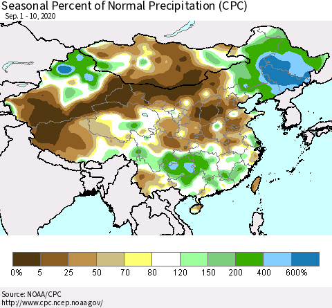 China, Mongolia and Taiwan Seasonal Percent of Normal Precipitation (CPC) Thematic Map For 9/1/2020 - 9/10/2020