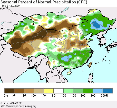 China, Mongolia and Taiwan Seasonal Percent of Normal Precipitation (CPC) Thematic Map For 9/1/2020 - 9/20/2020