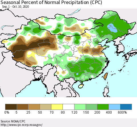China, Mongolia and Taiwan Seasonal Percent of Normal Precipitation (CPC) Thematic Map For 9/1/2020 - 10/10/2020