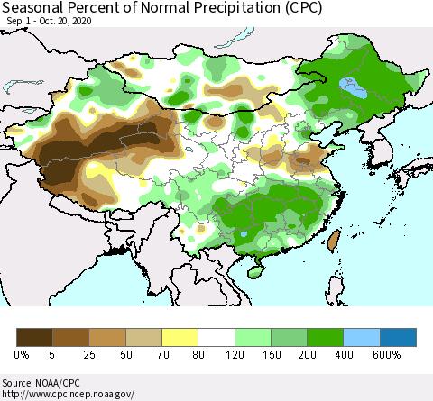China, Mongolia and Taiwan Seasonal Percent of Normal Precipitation (CPC) Thematic Map For 9/1/2020 - 10/20/2020