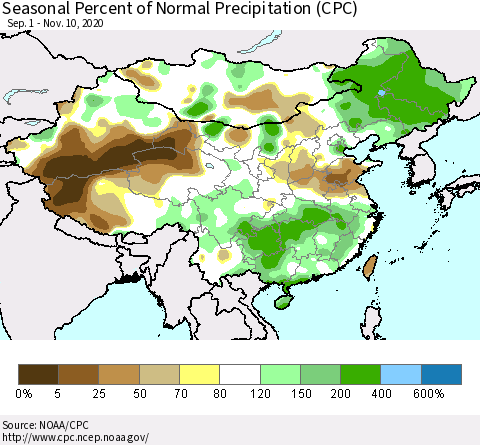 China, Mongolia and Taiwan Seasonal Percent of Normal Precipitation (CPC) Thematic Map For 9/1/2020 - 11/10/2020