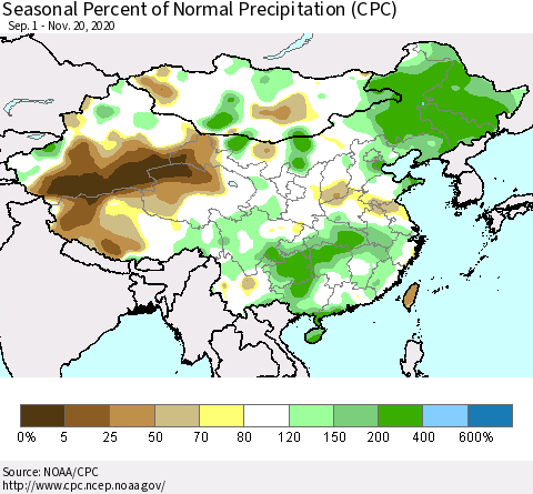China, Mongolia and Taiwan Seasonal Percent of Normal Precipitation (CPC) Thematic Map For 9/1/2020 - 11/20/2020