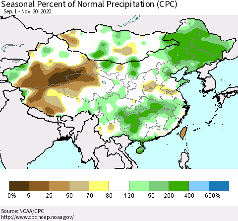 China, Mongolia and Taiwan Seasonal Percent of Normal Precipitation (CPC) Thematic Map For 9/1/2020 - 11/30/2020