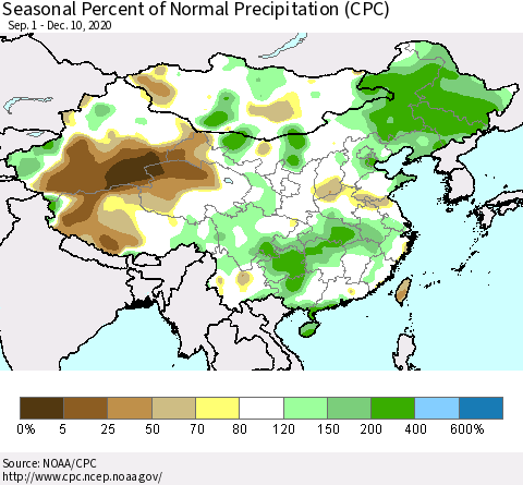 China, Mongolia and Taiwan Seasonal Percent of Normal Precipitation (CPC) Thematic Map For 9/1/2020 - 12/10/2020