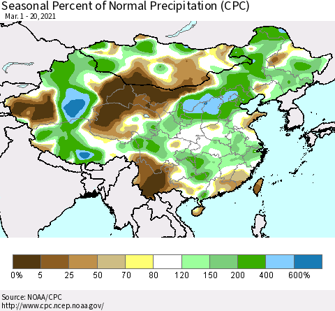 China, Mongolia and Taiwan Seasonal Percent of Normal Precipitation (CPC) Thematic Map For 3/1/2021 - 3/20/2021