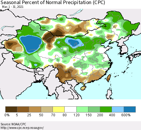 China, Mongolia and Taiwan Seasonal Percent of Normal Precipitation (CPC) Thematic Map For 3/1/2021 - 3/31/2021