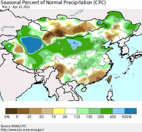China, Mongolia and Taiwan Seasonal Percent of Normal Precipitation (CPC) Thematic Map For 3/1/2021 - 4/10/2021