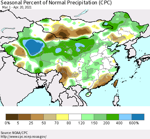 China, Mongolia and Taiwan Seasonal Percent of Normal Precipitation (CPC) Thematic Map For 3/1/2021 - 4/20/2021