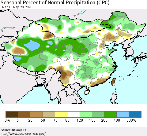 China, Mongolia and Taiwan Seasonal Percent of Normal Precipitation (CPC) Thematic Map For 3/1/2021 - 5/20/2021