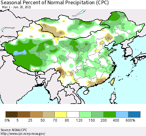 China, Mongolia and Taiwan Seasonal Percent of Normal Precipitation (CPC) Thematic Map For 3/1/2021 - 6/20/2021